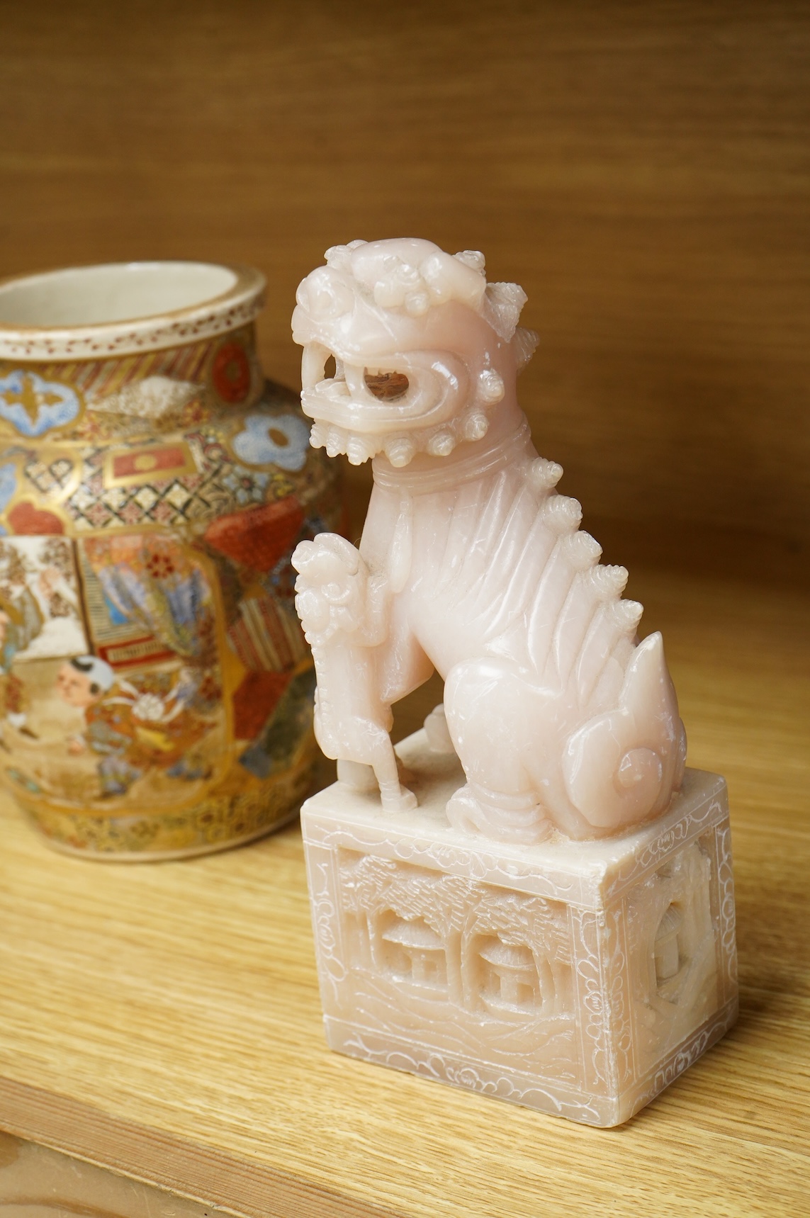 A pair of Chinese soapstone lion-dogs - 22.5cm high, two cloisonné enamel boxes and covers and a blue & white jar & cover